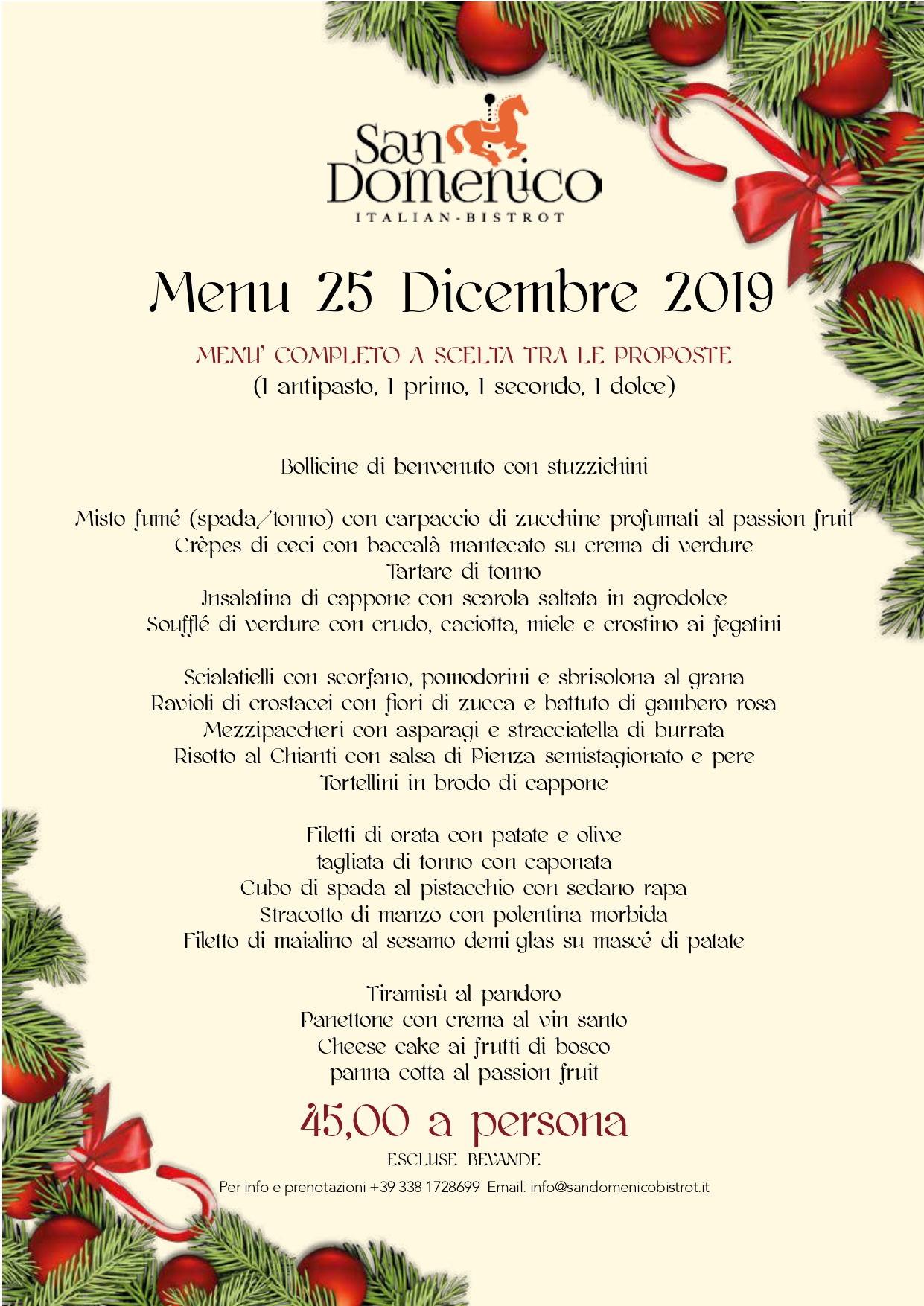 Proposte Menu Natale.9 Dicembre 2019 San Domenico Bistrot